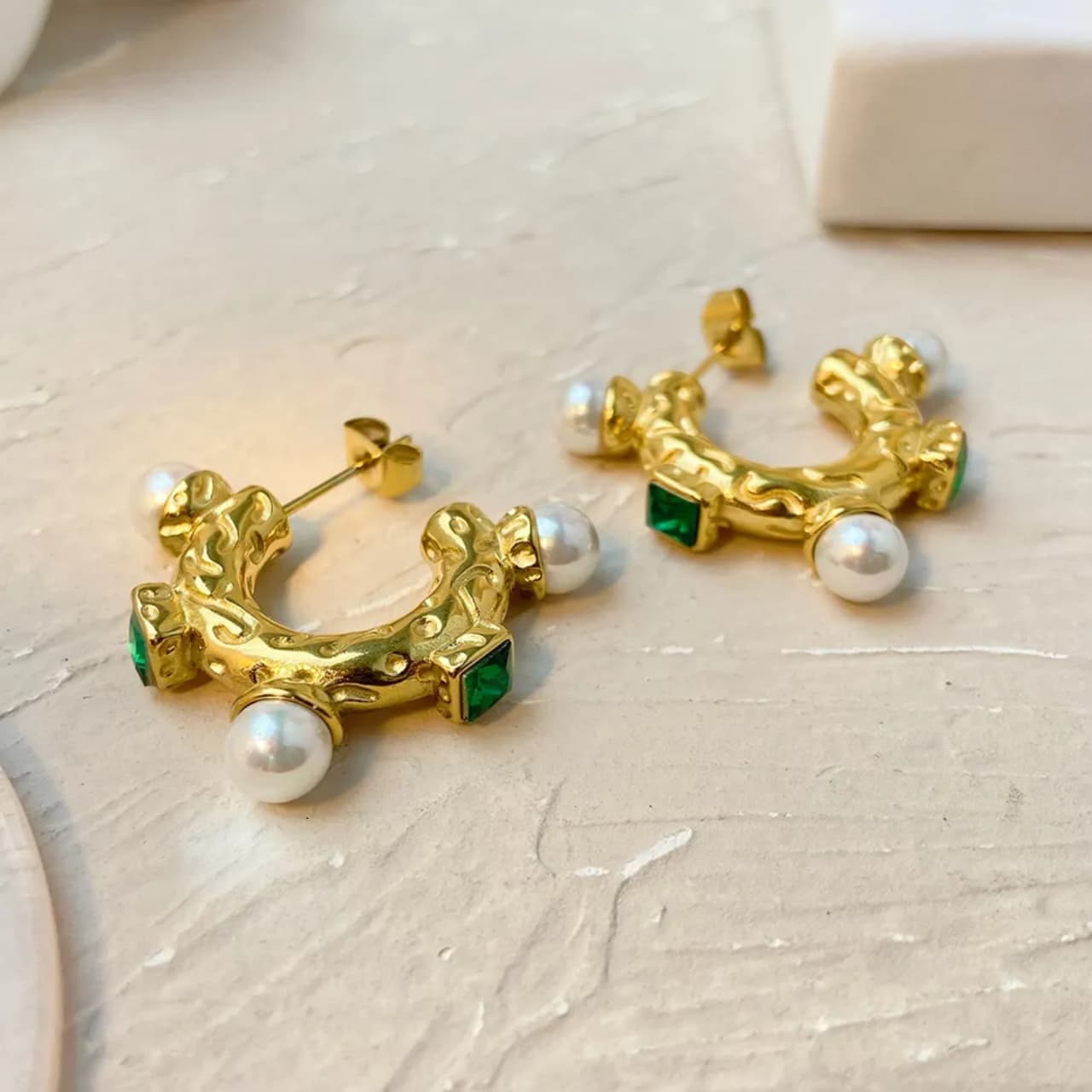 Pearls Emerald Hoops
